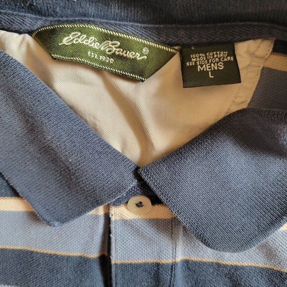 Eddie Bauer Mens Large Polo Shirt Navy Tan Striped Cotton Blend Casual Wear - Picture 2 of 3